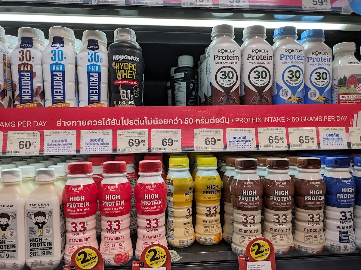 バンコクのスーパーのプロテイン飲料売場。冷蔵棚に各社のボトルが並び、中央の赤い帯に1日50グラム以上のプロテイン摂取を促す表示